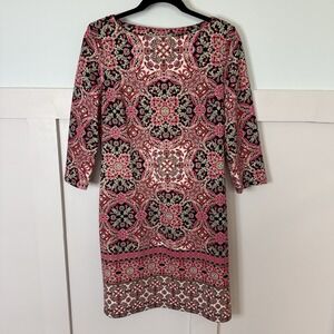 Wisp Geometric Shift Dress Size 4 Pink Colorful 3/4 Sleeve Career Preppy Boho